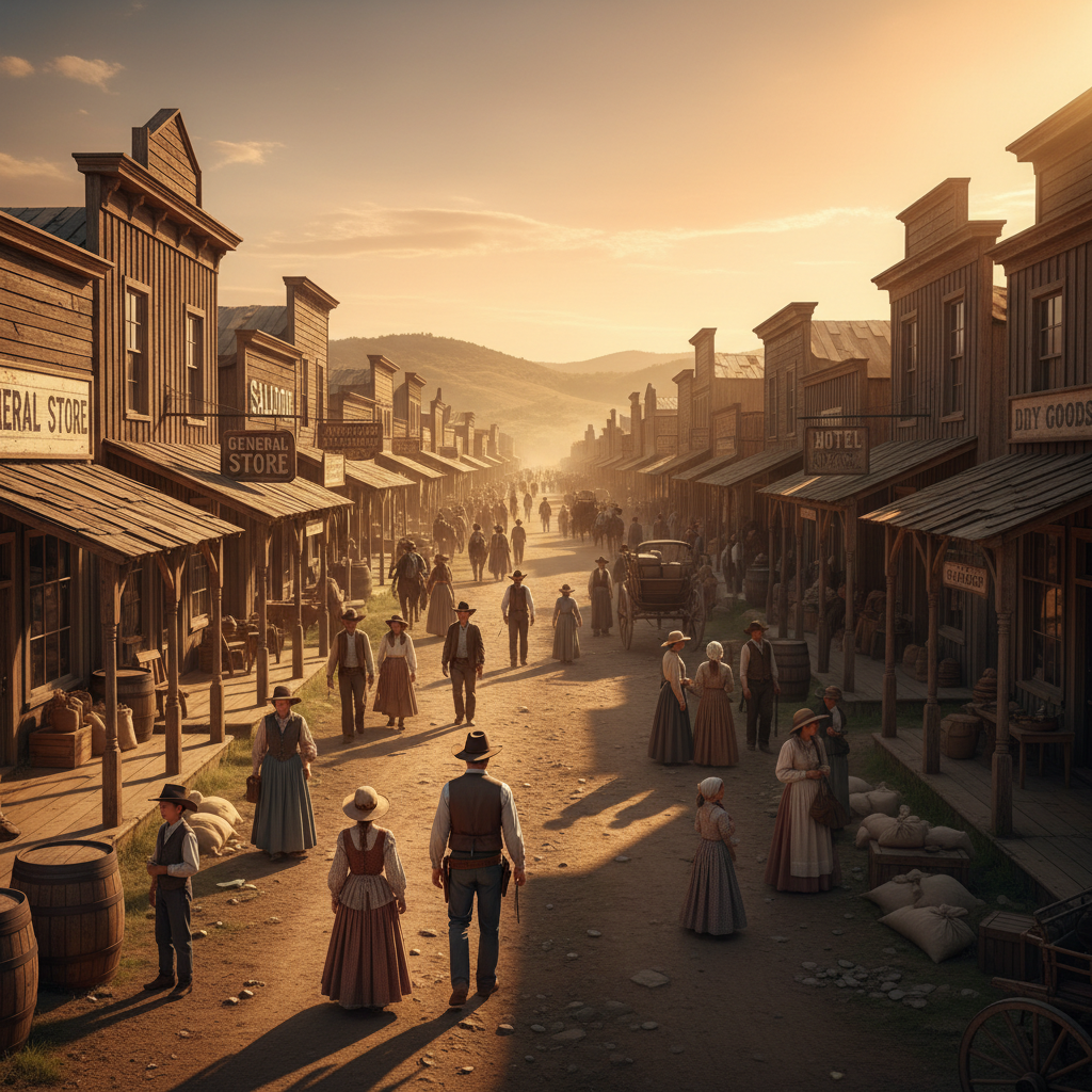 Old western town market street with wooden storefronts and dirt road