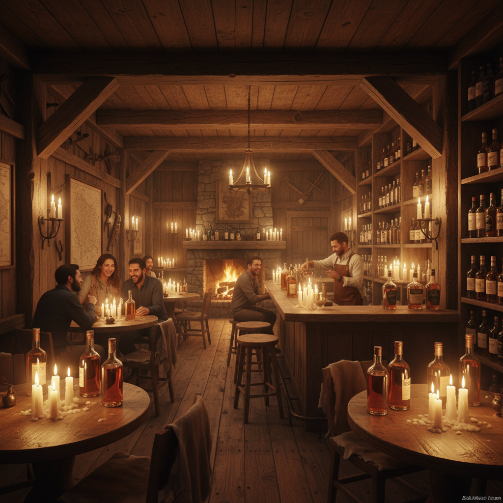 Warm candlelit interior of a rustic wooden tavern with whiskey bottles on shelves