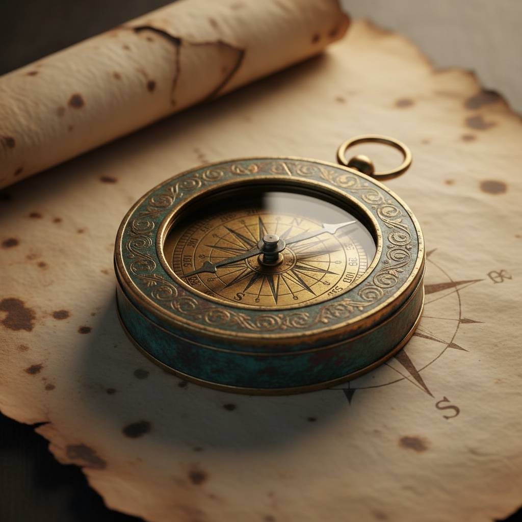 Antique compass and map on aged parchment with worn leather journal