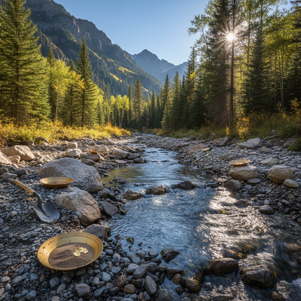 Rocky mountain stream with gold panning equipment and gravel banks